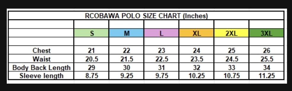 RCOBAWA Polo Shirt Size Guide
